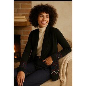 Lauren Ralph Lauren Fair Isle Open Front Cardigan Sweater Black Knit Size M